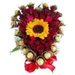 Chocolates, Red Roses and Sunflower Heart Basket
