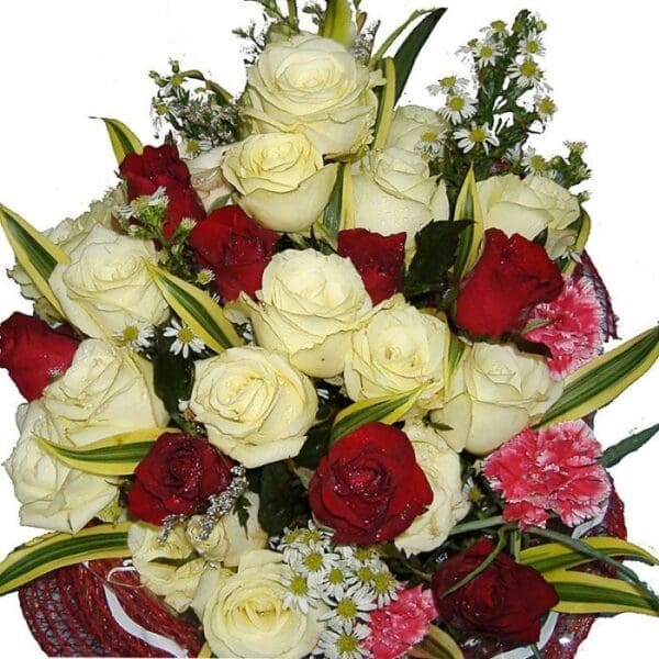 Red & white Roses in a mixed bouquet, close up