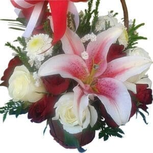 Lily and Roses in a basket, close up
