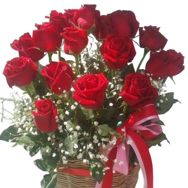 Red roses in a basket, close up