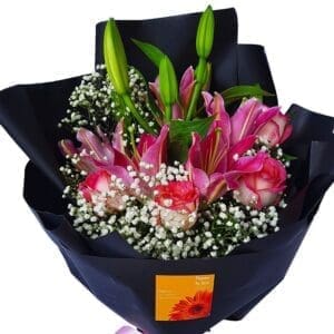 Lilies & Roses Black Wrap Bouquet, close up