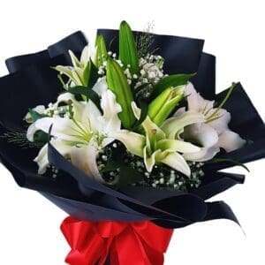 White Lilies Black Wrap Bouquet close up